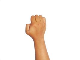 man's hand make closed fist gesture isolated on white background with clipping path and copy space for your text photo