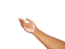 asking hand gesture with open palm an isolated white background. to ask something. pointing to copy space photo