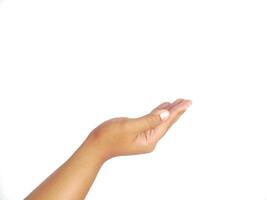 asking hand gesture with open palm an isolated white background. to ask something. pointing to copy space photo