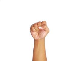 man's hand make closed fist gesture isolated on white background with clipping path and copy space for your text photo