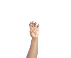 Hand holding an invisible object, isolated on white. Asian male hand in a gesture of giving or grabbing, perfect for concepts of interaction and communication. Close up view photo