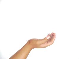 asking hand gesture with open palm an isolated white background. to ask something. pointing to copy space photo
