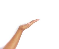 asking hand gesture with open palm an isolated white background. to ask something. pointing to copy space photo