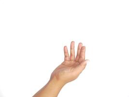asking hand gesture with open palm an isolated white background. to ask something. pointing to copy space photo