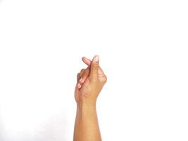 Closeup of male asian hand isolated on white background. Young man forming shape of simple of heart with his fingers. Horizontal color photography. Point of view shot with copy space. photo