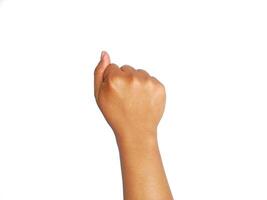 man's hand make closed fist gesture isolated on white background with clipping path and copy space for your text photo