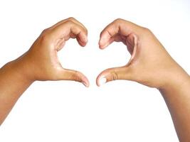 Closeup of male asian hand isolated on white background. Young man forming shape of full of heart with his fingers. Horizontal color photography. Point of view shot with copy space. Male hands gesture photo