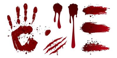 Cuts and wounds of different shapes, palm print. Blood spatter, bullet marks, claw scratch, Halloween creepy elements. vector