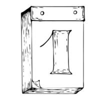 Tear-off calendar with number 1 on the first sheet. Symbol of the beginning of the year. Black and white vintage illustration. Happy New Year vector