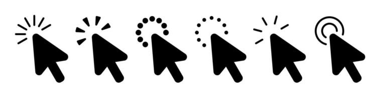 Computer mouse click cursor black fill arrow icons set. Arrow cursor icon. Slanted mouse click cursor icons with loader. Click arrow pointer illustration. Loading icon cursor collection vector