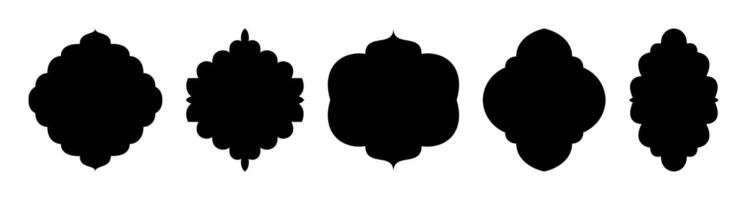 Islamic window set. Black silhouette of Arabic design elements or decor in oriental style. Muslim architecture frames in different shapes for Ramadan. mosque arches isolated on white background vector