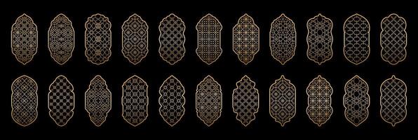 Gold gradient Arabic ornamental windows set. Islamic doors. arch, windows with Arabic pattern on black background. Mosque gate. Collection of patterns in oriental style. Frames in Arabic Muslim design vector