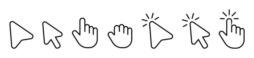 Computer mouse click cursor black arrow stroke outline line set and loading icons for interface. Cursor icon. Mouse click cursor, arrow click sign. Web interface pointer collection. Hand with finger vector
