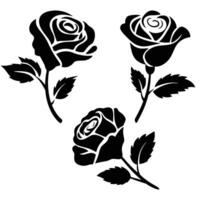 Elegant Black Rose Silhouette Set With Leaves on White Background vector