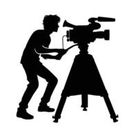 Silhouette illustration of a cameraman operating a professional camera on a tripod vector