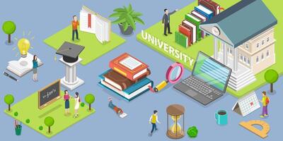 3D Isometric Flat Conceptual Illustration of University Campus vector