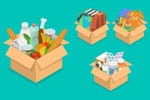 3D Isometric Flat Conceptual Illustration of Cardboard Donation Boxes vector
