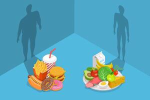 Fastfood vs Balanced Menu Comparison, What Foods are Better for Your Body. vector