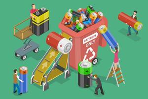 3D Isometric Flat Conceptual Illustration of Proper Handling Used Batteries. vector