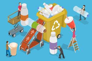 3D Isometric Flat Conceptual Illustration of Collecting Plastic Trash. vector