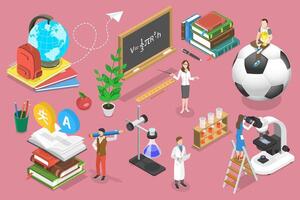 3D Isometric Flat Conceptual Illustration of Teachers with Educational Tools. vector