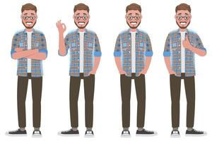 Set of Handsome Smiling Bearded Man in Various Positive Body Positions. vector