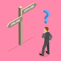 3D Isometric Flat Conceptual Illustration of Onlin vs Offline. vector