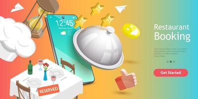 3D Conceptual Illustration of Table Online Reservation, Mobile Booking. vector