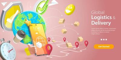 3D Isometric Flat Conceptual Illustration of Global Logistic and Delivery vector
