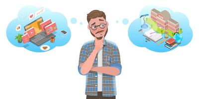 3D Isometric Flat Conceptual Illustration of Online Learning vs Offline Learning. vector