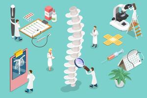 3D Isometric Conceptual Illustration of Diagnostics and Treatment of Spinal Disorders. vector