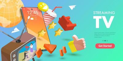 3D Isometric Flat Conceptual Illustration of Mobile Streaming TV. vector