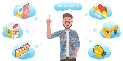 3D Isometric Flat Conceptual Illustration of Cross-Channel, Omnichannel. vector