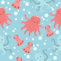 seamless pattern with hand drawn octopus and squid in flat style vector