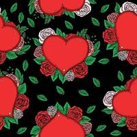 seamless pattern with hand drawn heart and rose flower image in flat style vector