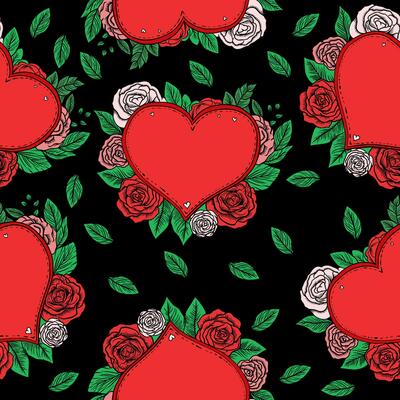 seamless pattern with hand drawn heart and rose flower image in flat style