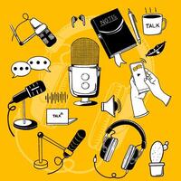 hand drawn doodle with podcast related items theme isolated yellow background vector