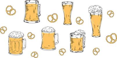 Horizontal seamless pattern with beer glasses and bertzel isolated on white background. Octoberfest vintage cold alcohol beverage illustration with snacks, pub decoration, label. illustration. vector