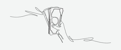 Hand holding banknotes in a continuous one line drawing style. Editable line illustration. vector