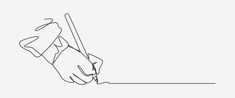 Continuous one line drawing of human hand writing using a pencil. Editable line. Isolated background illustration. vector