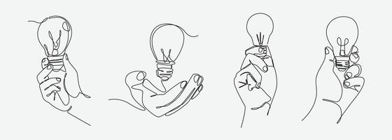 Set continuous one line drawing of hand holding light bulb, idea lamp. Editable line illustration. vector