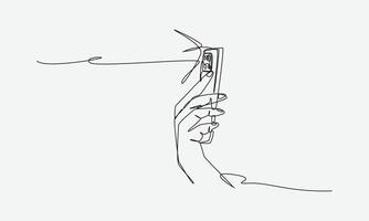 Hand holding smartphone while taking photo in a continuous one line drawing style. Editable line illustration. vector