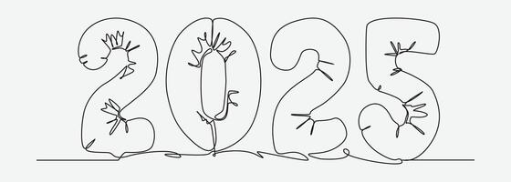 Continuous one line drawing of 2025 new year balloons. Editable line illustration. vector