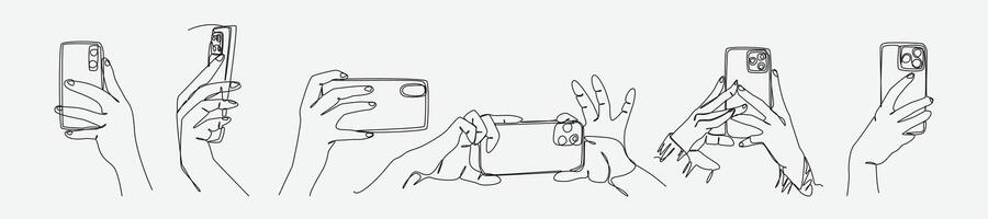 Set collection of different poses of hands holding smartphone in continuous one line drawing style. Editable line illustration. vector