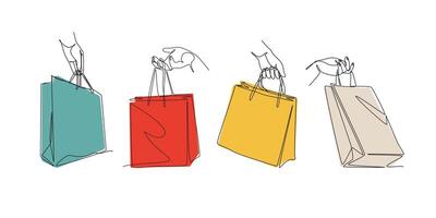 set of drawing of hands carrying shopping bag in continuous one line drawing style. Shopping, lifestyle, fashion concept. Editable line and colored illustration vector