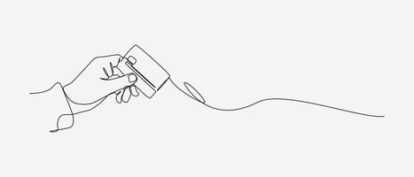 Hand holding credit card in a continuous one line drawing style. Editable line illustration. vector