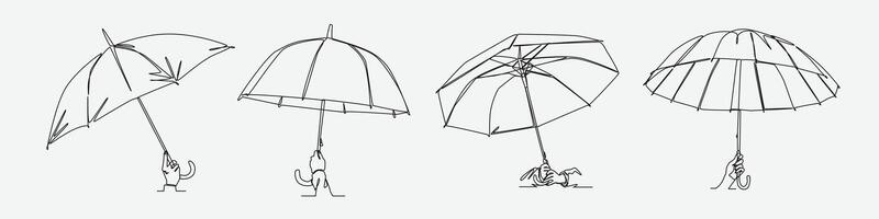 Collection of continuous one line drawing of hands holding umbrella. Editable line illustration. vector