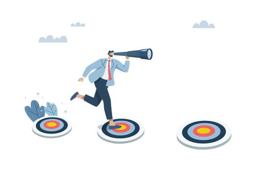 Businessman with binoculars running after dartboard conquering success in achieving goals, vision of conquering success, effort to set goals to achieve success, design illustration. vector
