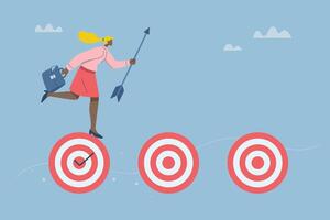 Ambitious business woman holding arrow running along dartboard, Determined to achieve success, Motivation to achieve goals, Efforts to achieve goals, design illustration. vector
