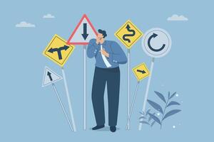 Businessman standing thinking and looking at crossroads sign, Difficult decision, Choosing the right direction, Finding the right business direction, Confusion or decision about business direction. vector